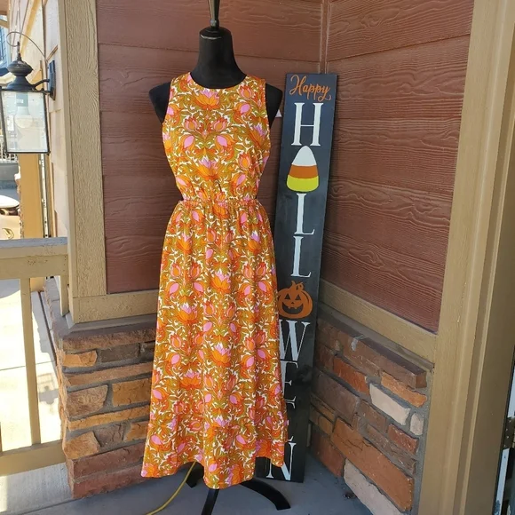 NWT Willow Root Floral Orange Midi Cutout Dress Size Large 9/10 - Picture 3 of 16